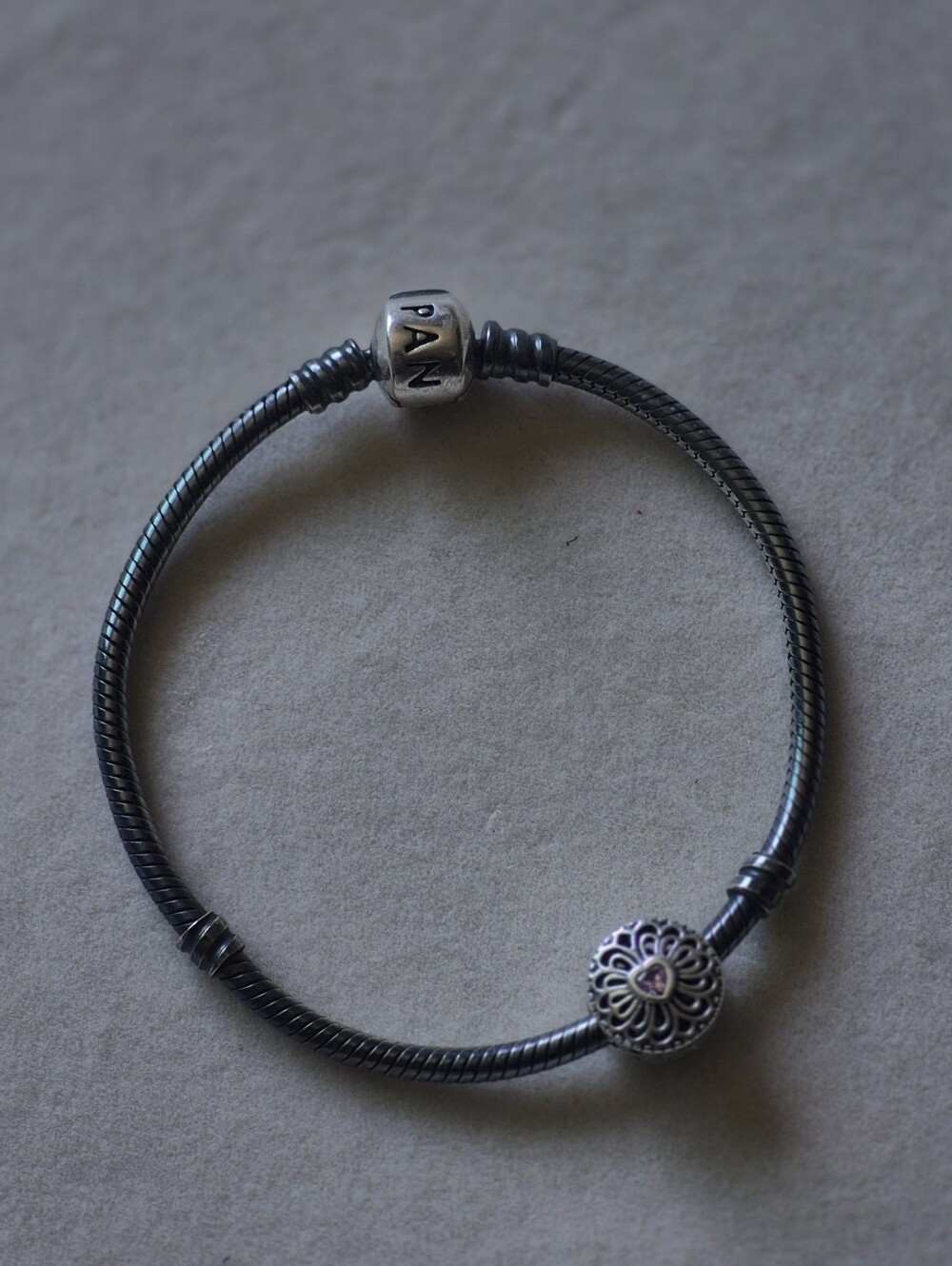 Pandora Sterling Silver Floral Charm Snake Chain Bracelet - Blackened Silver